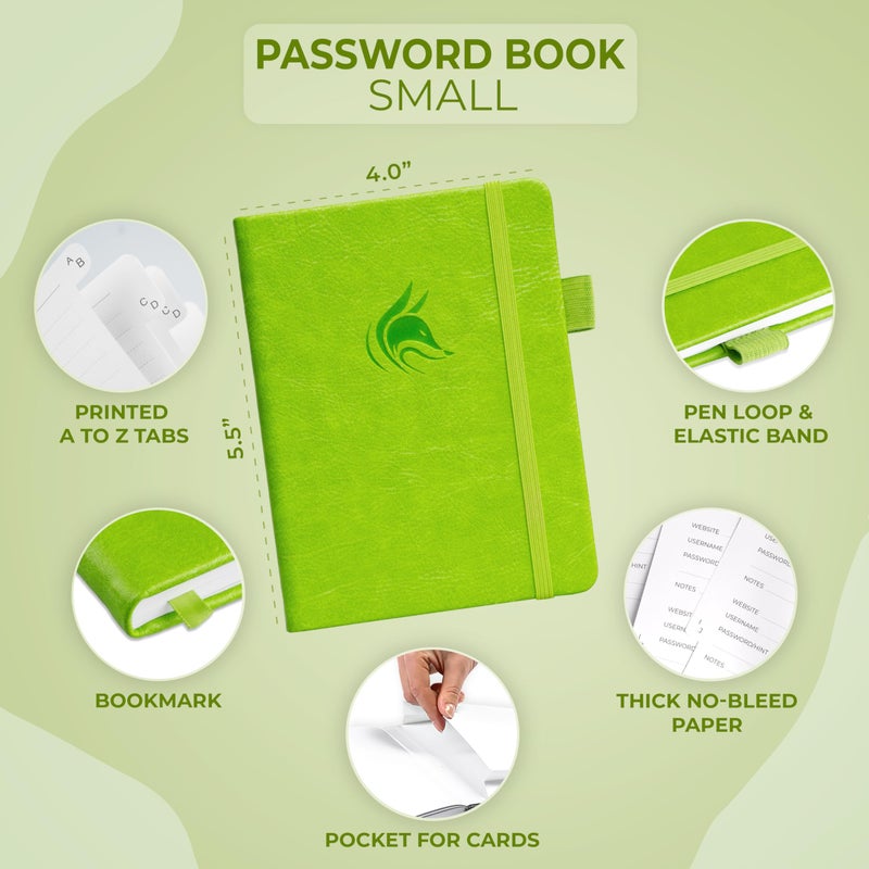 Clever Fox Password Book with alphabetical tabs. Internet Address Organizer Logbook. Small Pocket Password Keeper for Website Logins (Green) - Image 2